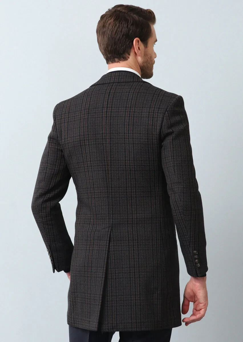 Navy Blue Regular Fit Butterfly Collar Classical Weaving Overcoat - 5