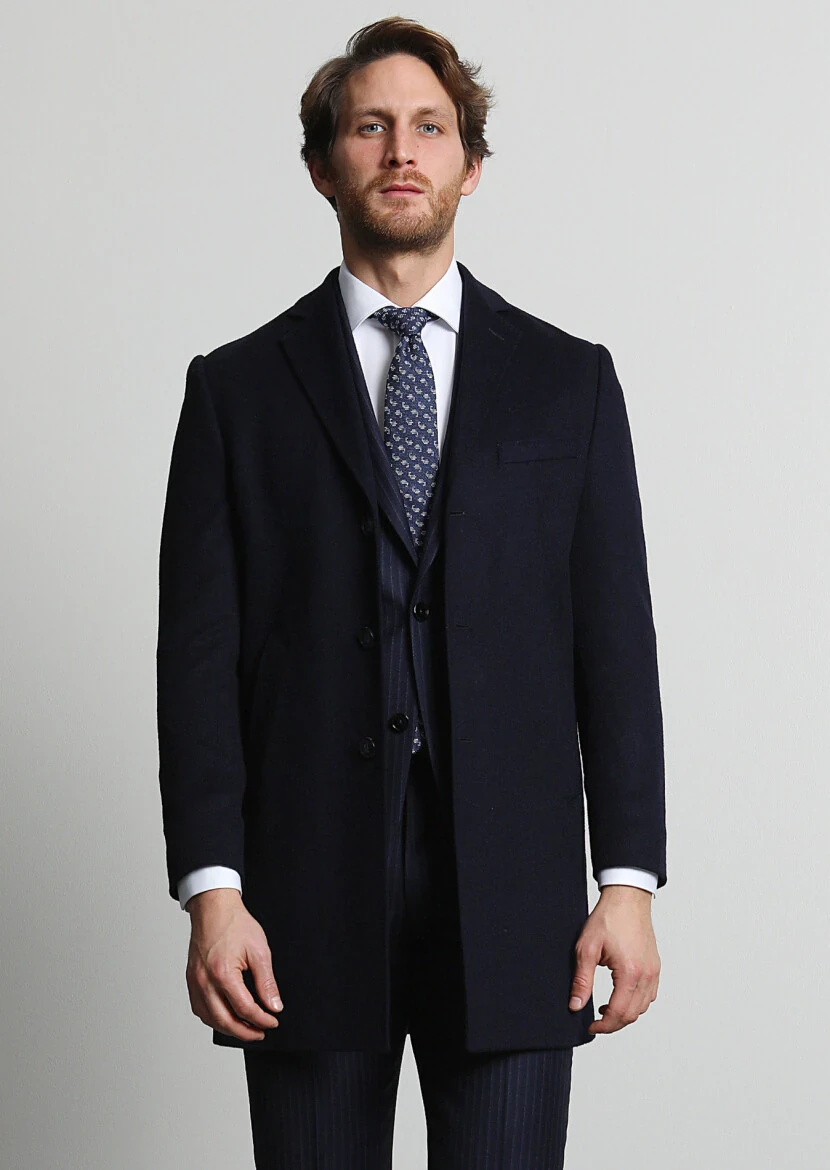 Navy Blue Regular Fit Butterfly Collar Classical Weaving Overcoat - 3
