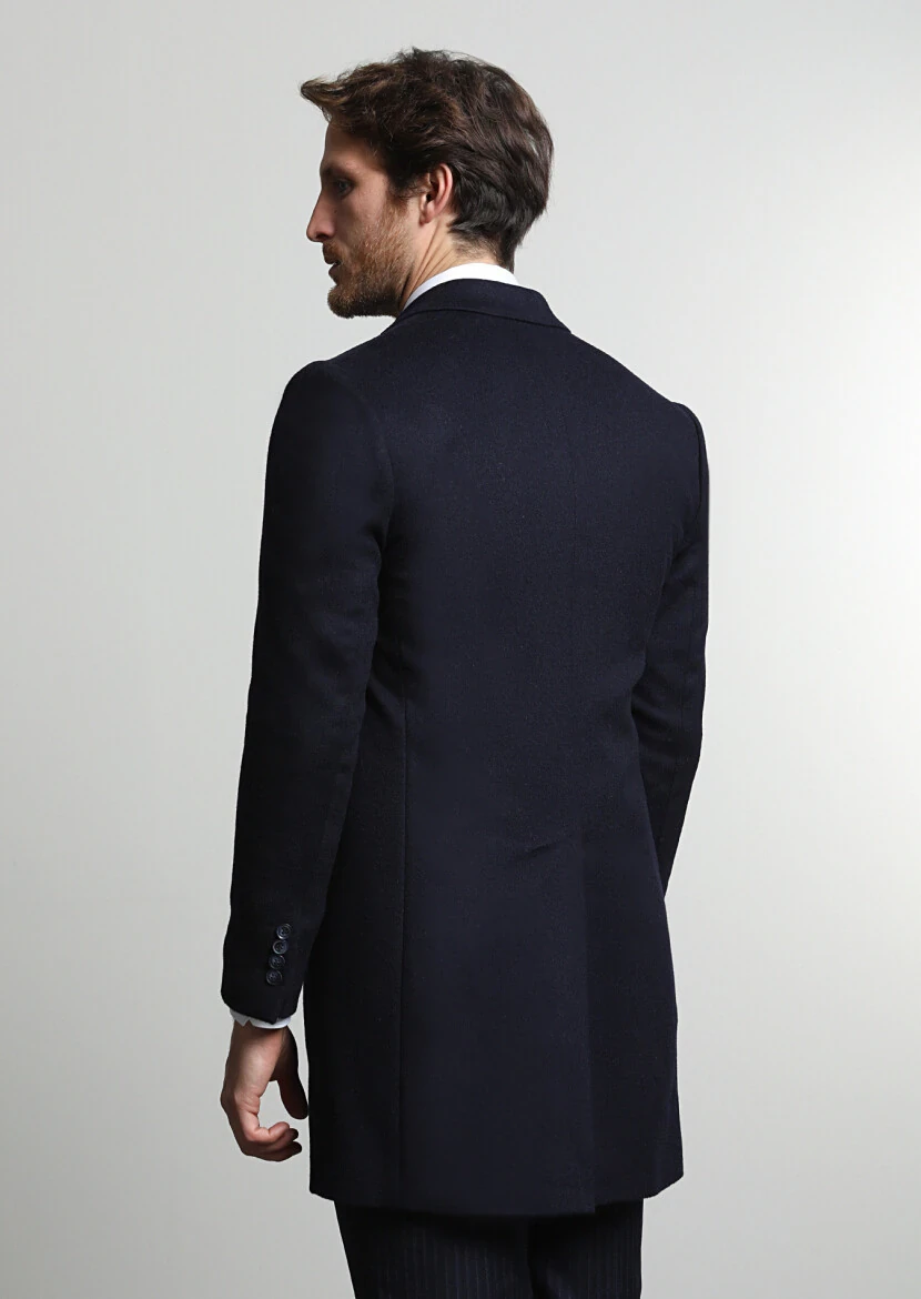 Navy Blue Regular Fit Butterfly Collar Classical Weaving Overcoat - 4