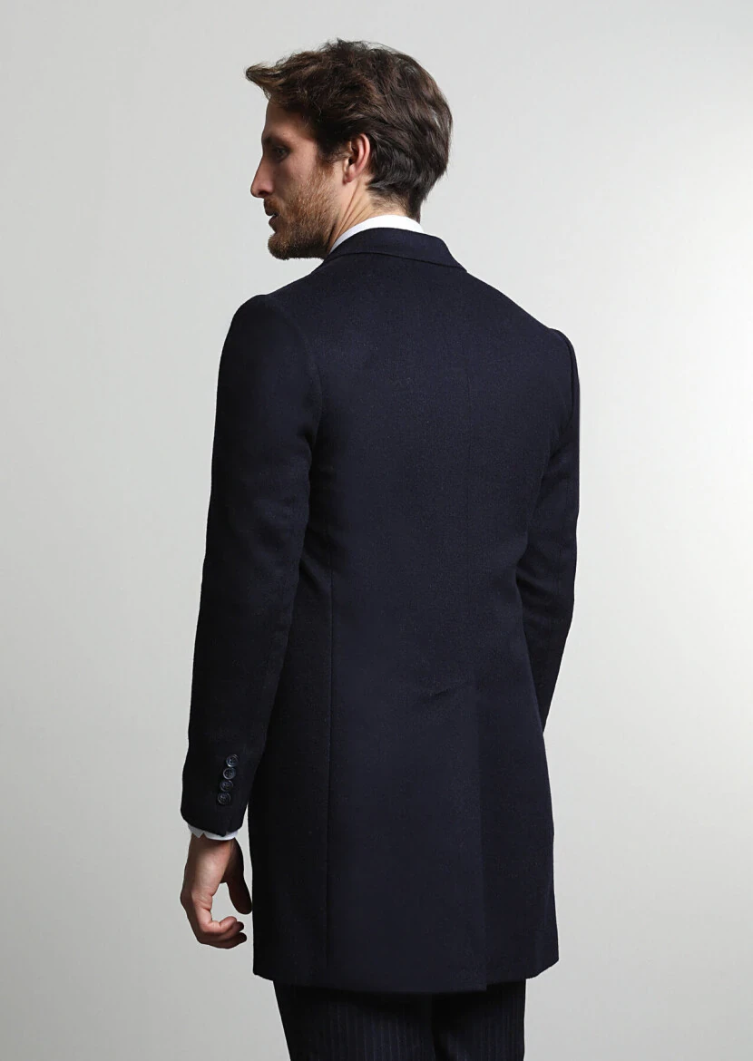 Navy Blue Regular Fit Butterfly Collar Classical Weaving Overcoat - 4