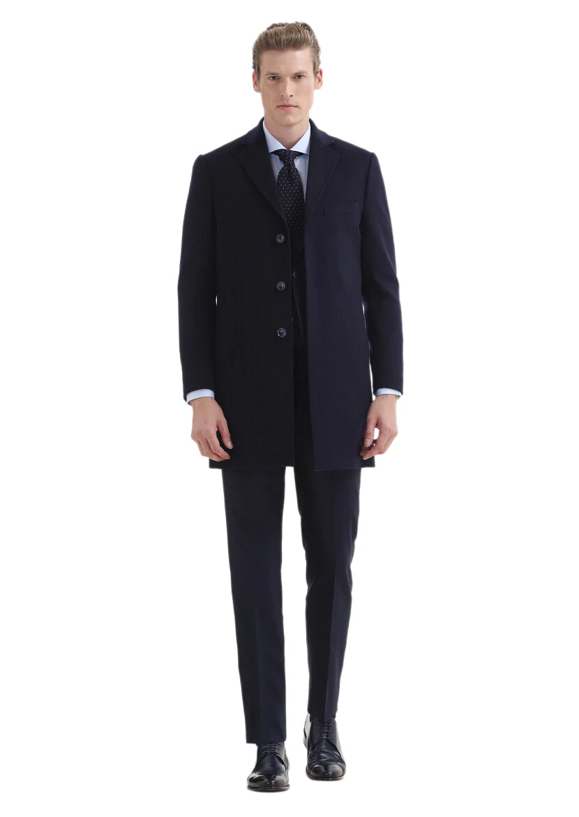 Navy Blue Regular Fit Butterfly Collar Classical Weaving Overcoat - RAMSEY