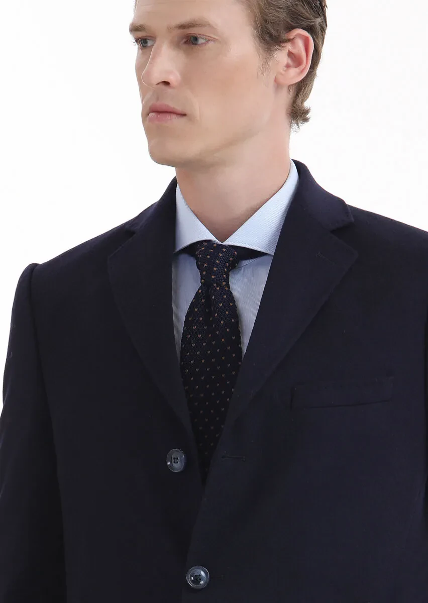 Navy Blue Regular Fit Butterfly Collar Classical Weaving Overcoat - 3