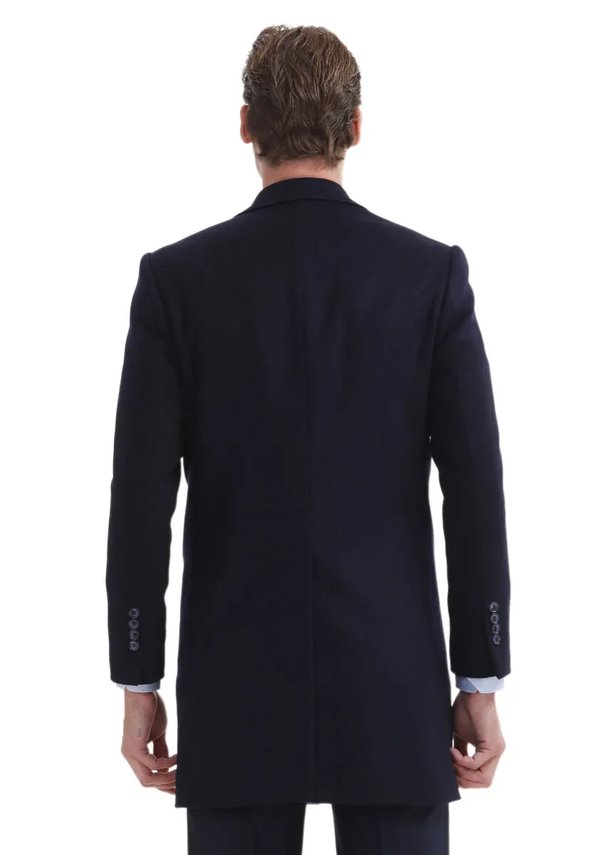 Navy Blue Regular Fit Butterfly Collar Classical Weaving Overcoat - 5