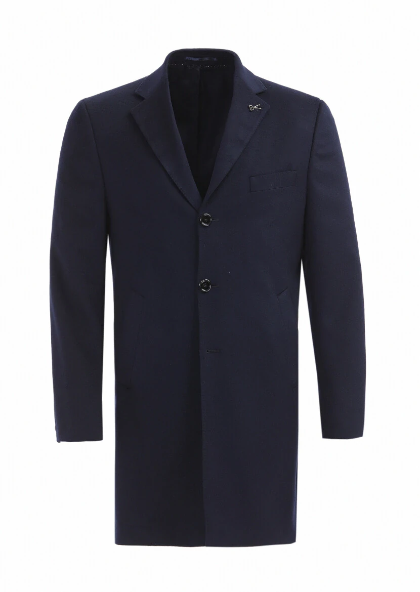 Navy Blue Regular Fit Butterfly Collar Classical Weaving Overcoat - 1