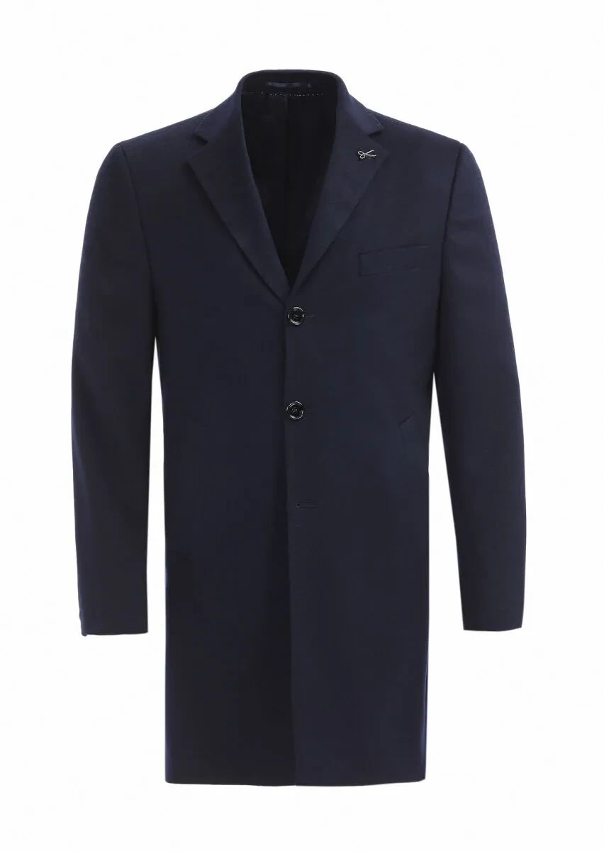 Navy Blue Regular Fit Butterfly Collar Classical Weaving Overcoat - 1