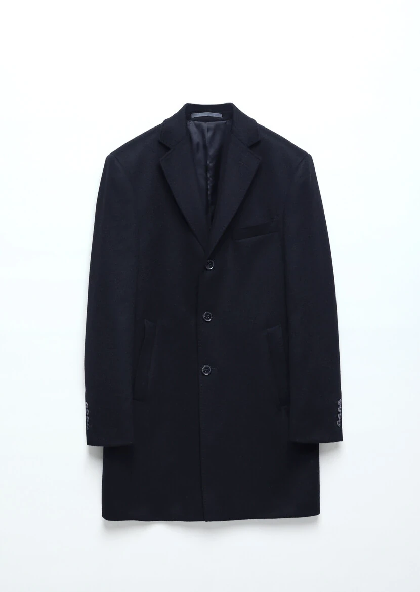Navy Blue Regular Fit Butterfly Collar Classical Weaving Overcoat - RAMSEY