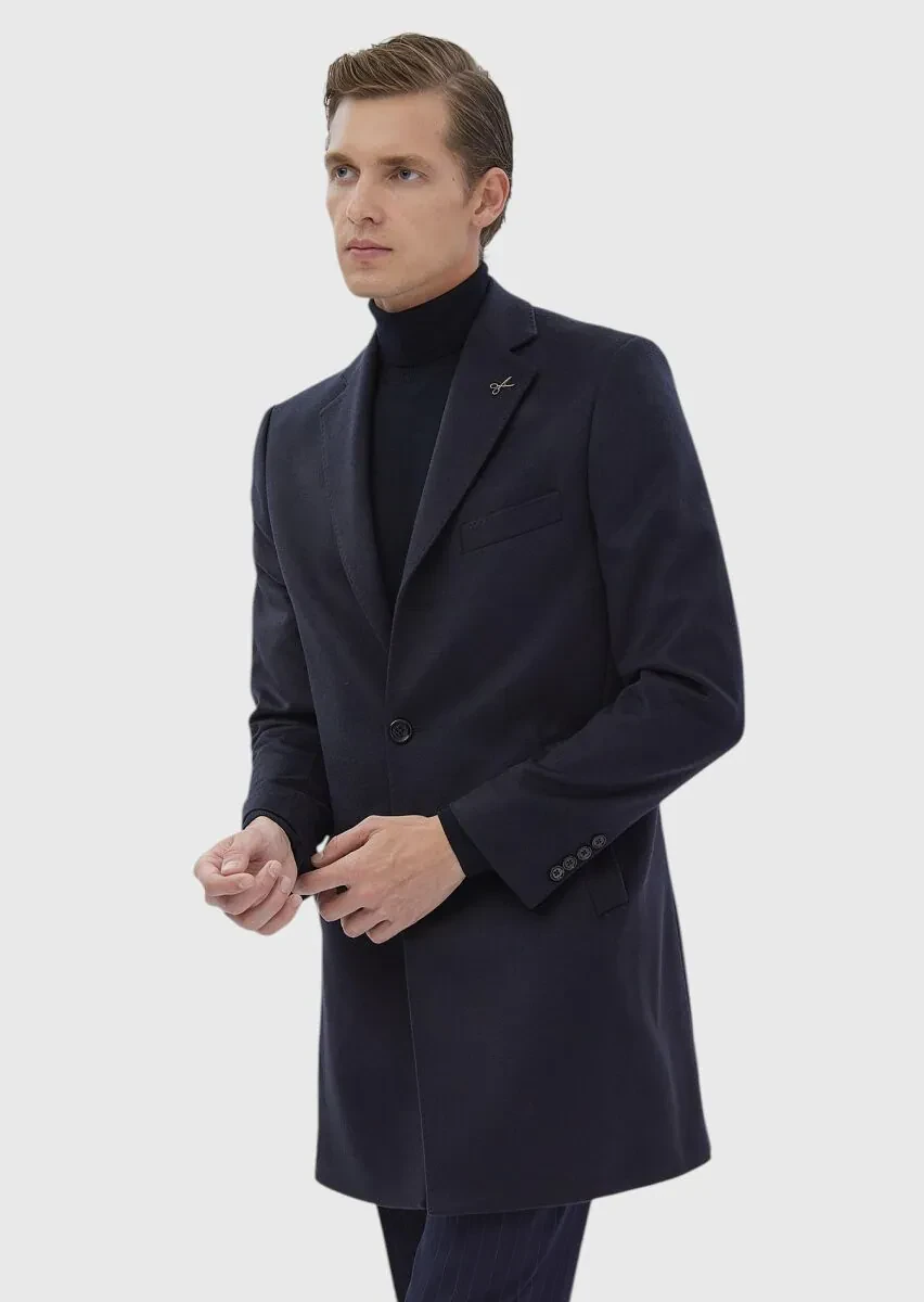 Navy Blue Regular Fit Butterfly Collar Classical Weaving Overcoat - 1