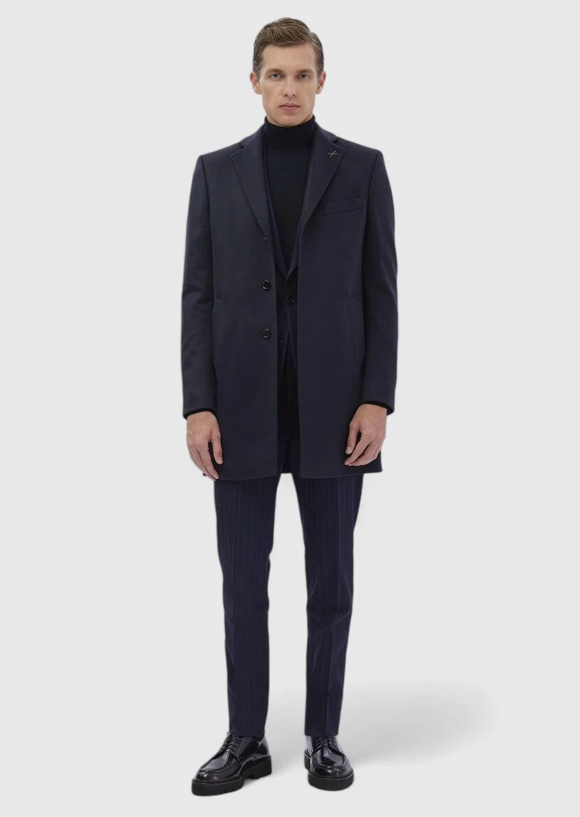 Navy Blue Regular Fit Butterfly Collar Classical Weaving Overcoat - 3