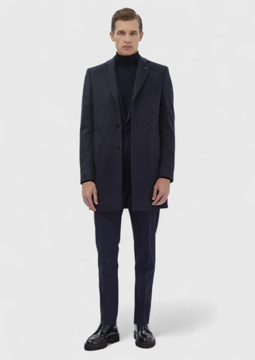 Navy Blue Regular Fit Butterfly Collar Classical Weaving Overcoat - 3