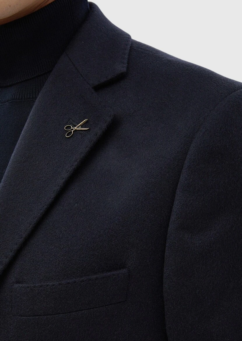 Navy Blue Regular Fit Butterfly Collar Classical Weaving Overcoat - 9