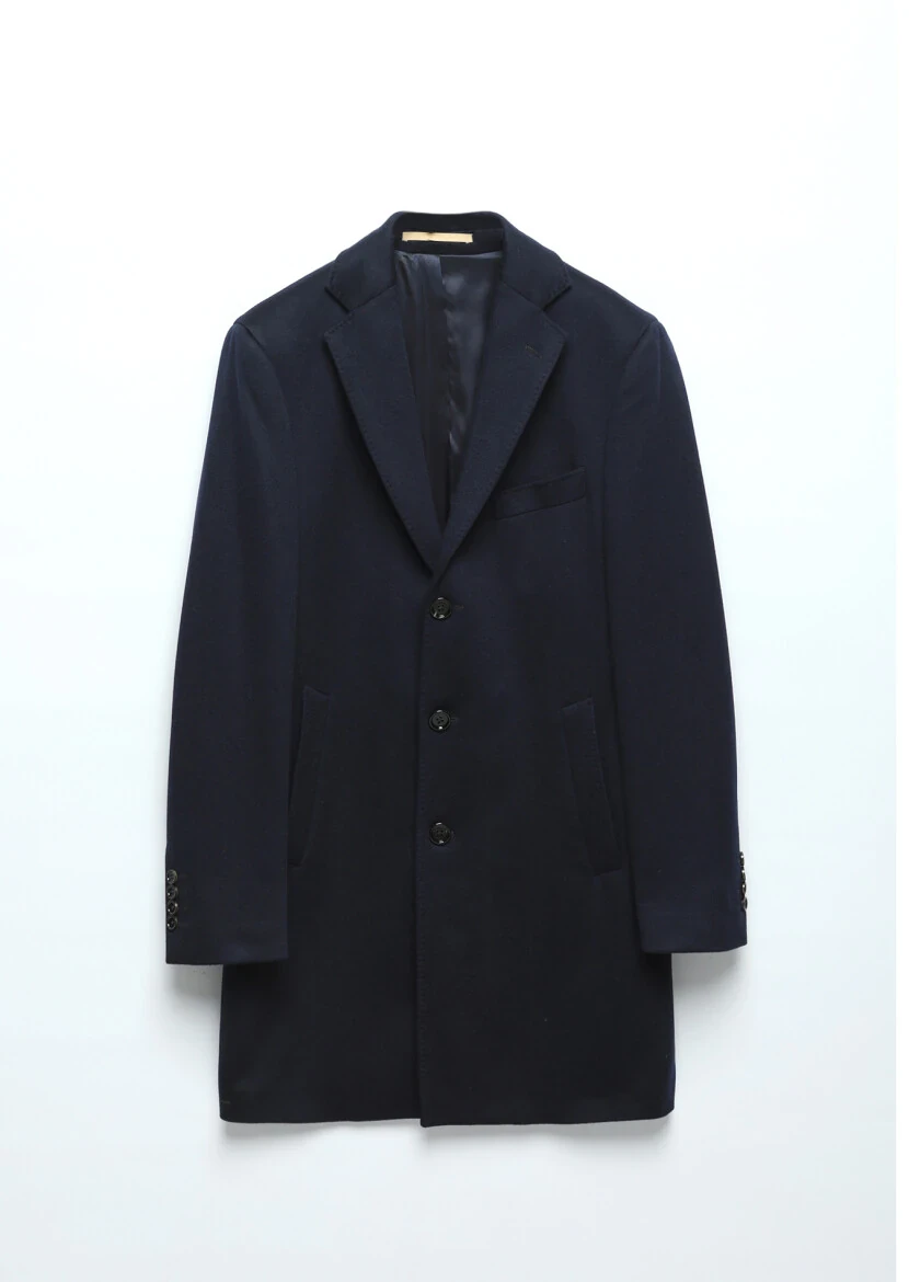 Navy Blue Regular Fit Butterfly Collar Classical Weaving Overcoat - 7