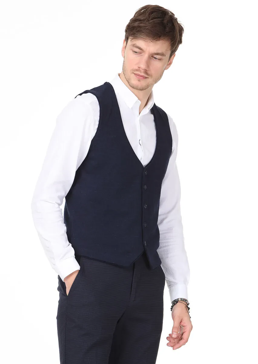 Navy Blue Regular Fit Casual Knitting Knit Vest - 1