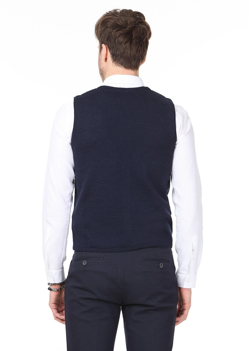 Navy Blue Regular Fit Casual Knitting Knit Vest - 4
