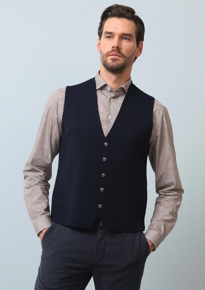 Navy Blue Regular Fit Casual Knitting Knit Vest - 2