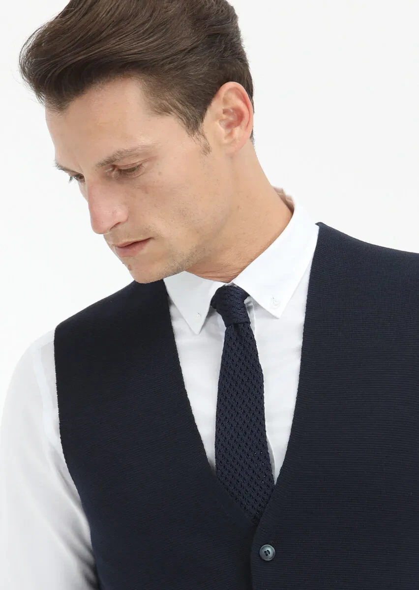 Navy Blue Regular Fit Casual Knitting Knit Vest - 3