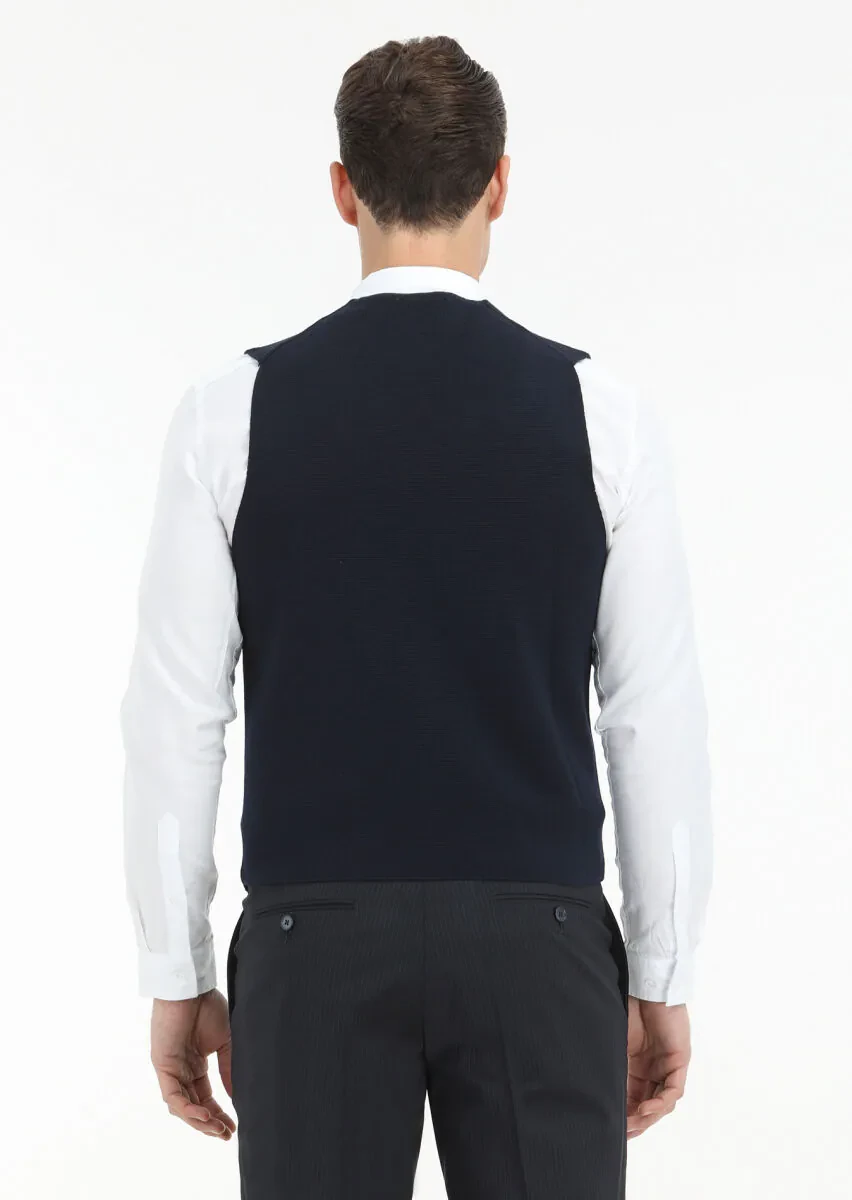 Navy Blue Regular Fit Casual Knitting Knit Vest - 4