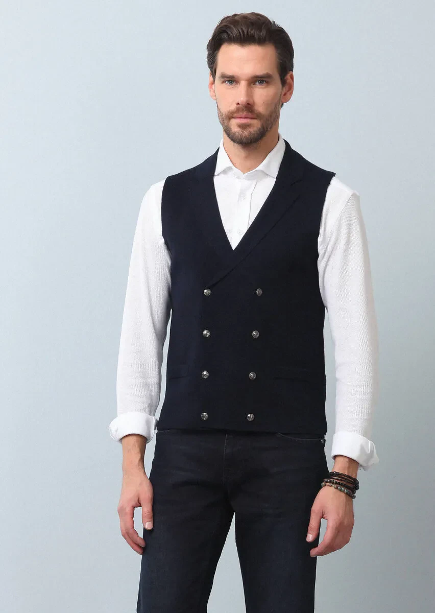 Navy Blue Regular Fit Casual Knitting Knit Vest - 1