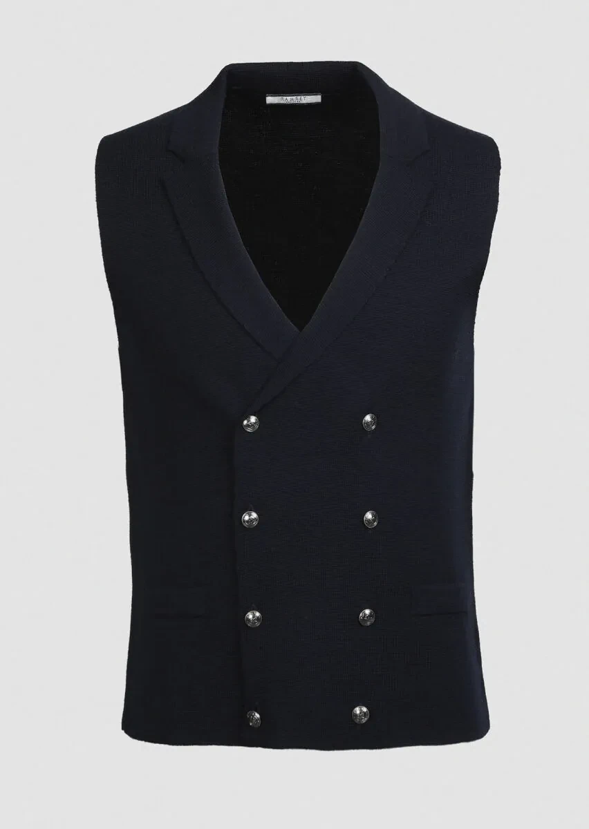 Navy Blue Regular Fit Casual Knitting Knit Vest - 5