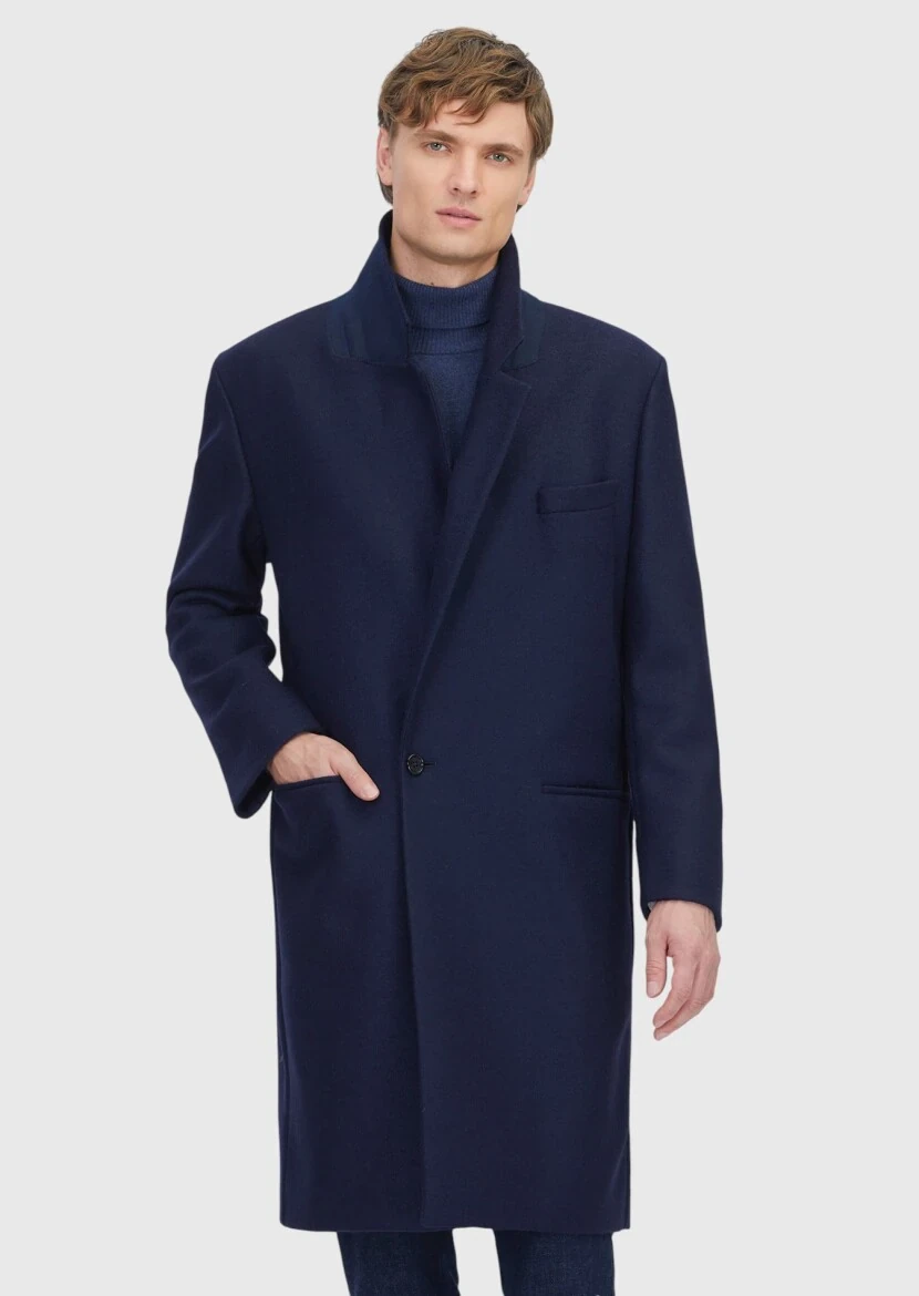 Navy Blue Regular Fit Casual Knitting Overcoat - 3