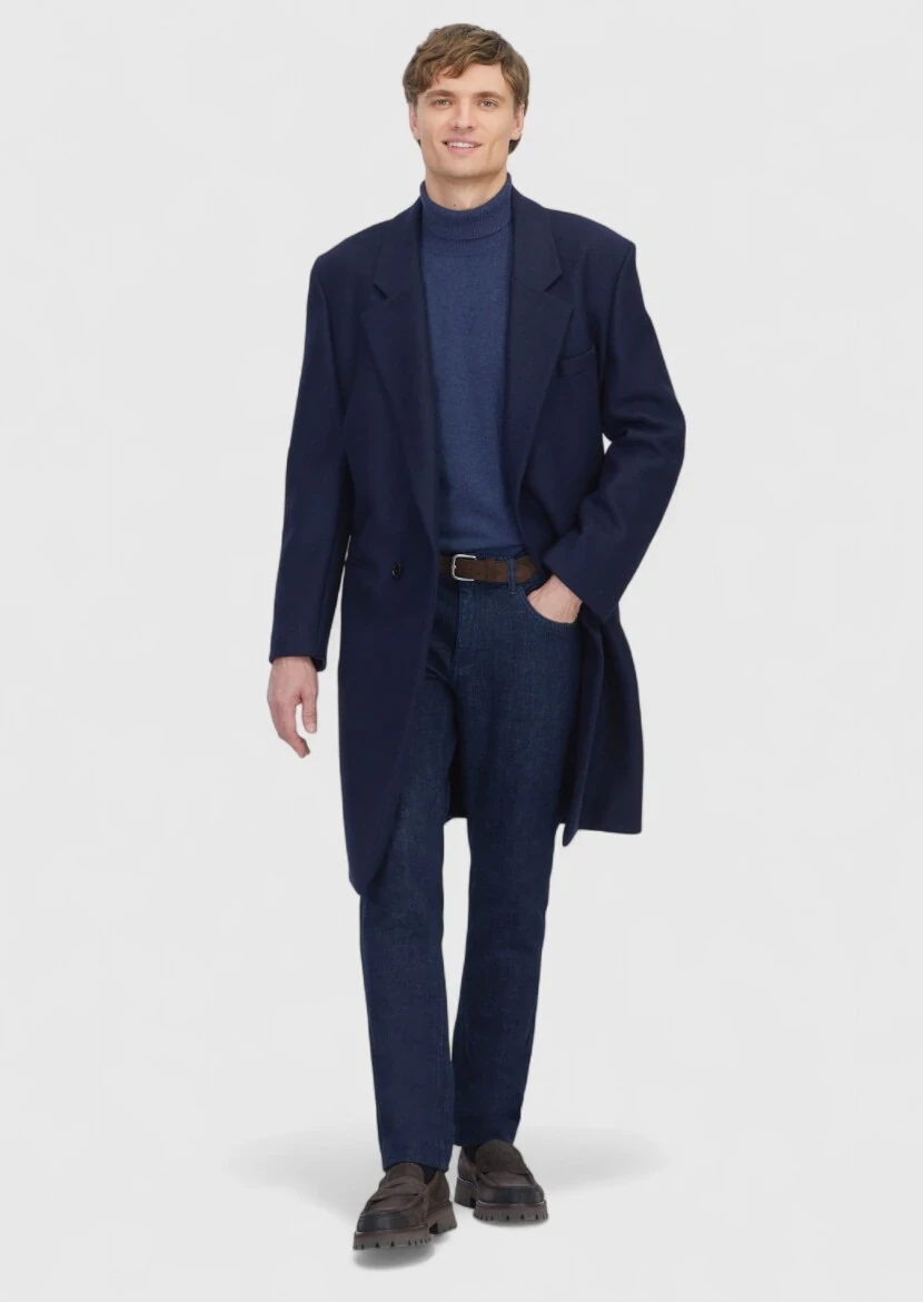 Navy Blue Regular Fit Casual Knitting Overcoat - 4