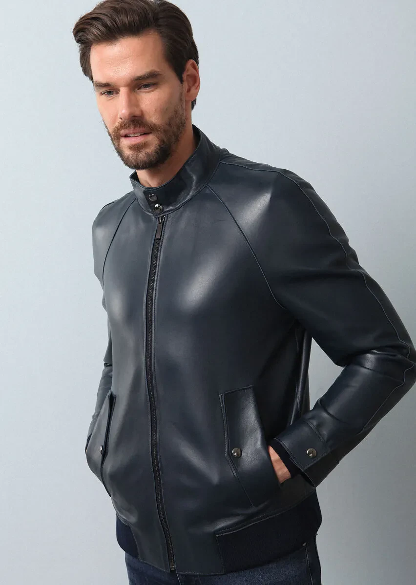 Navy Blue Regular Fit Casual Leather Leather Coat - 1