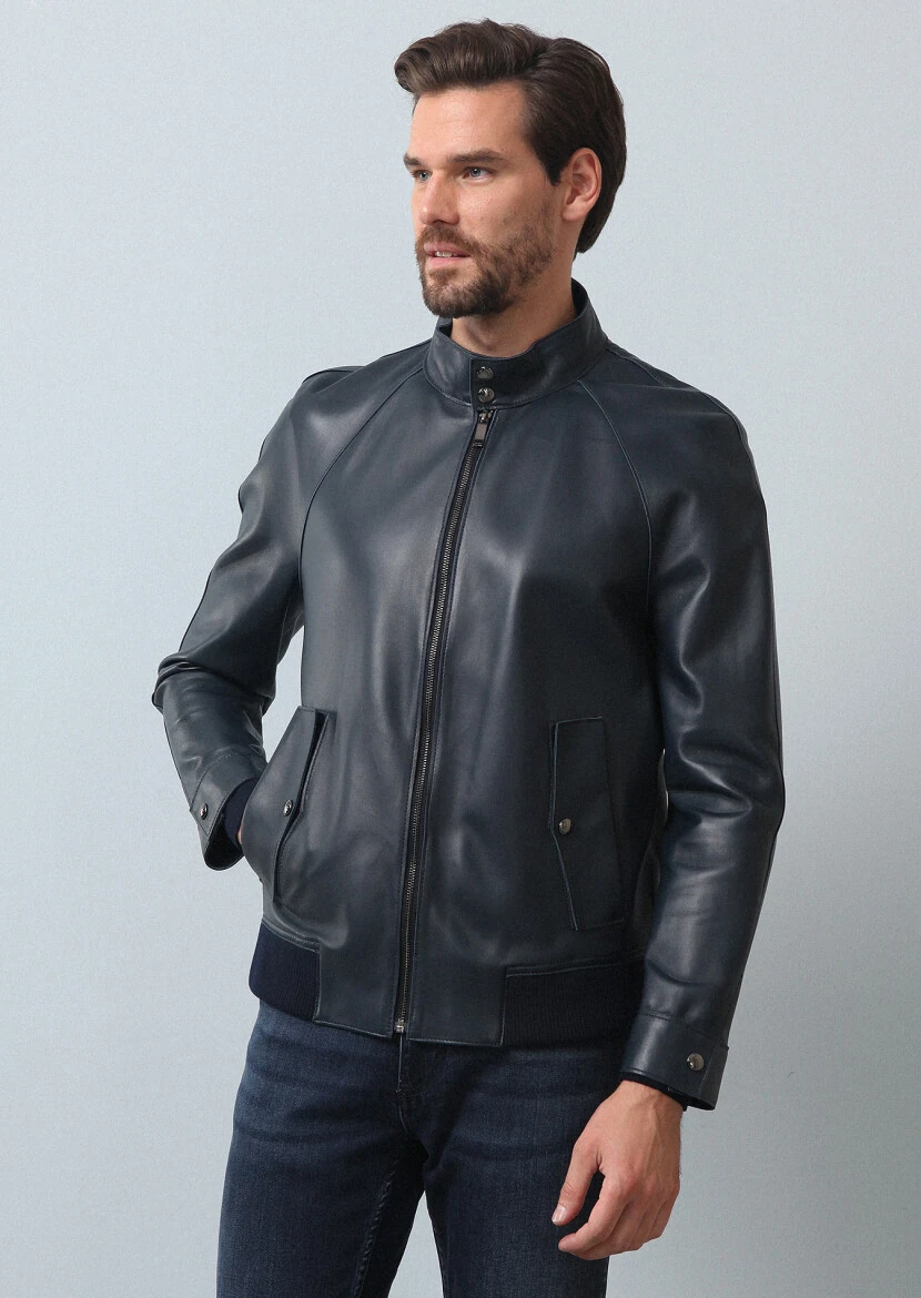 Navy Blue Regular Fit Casual Leather Leather Coat - 4