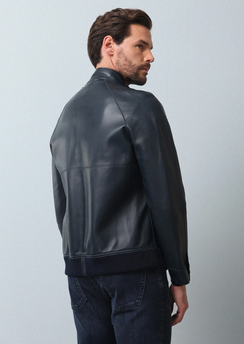 Navy Blue Regular Fit Casual Leather Leather Coat - 5