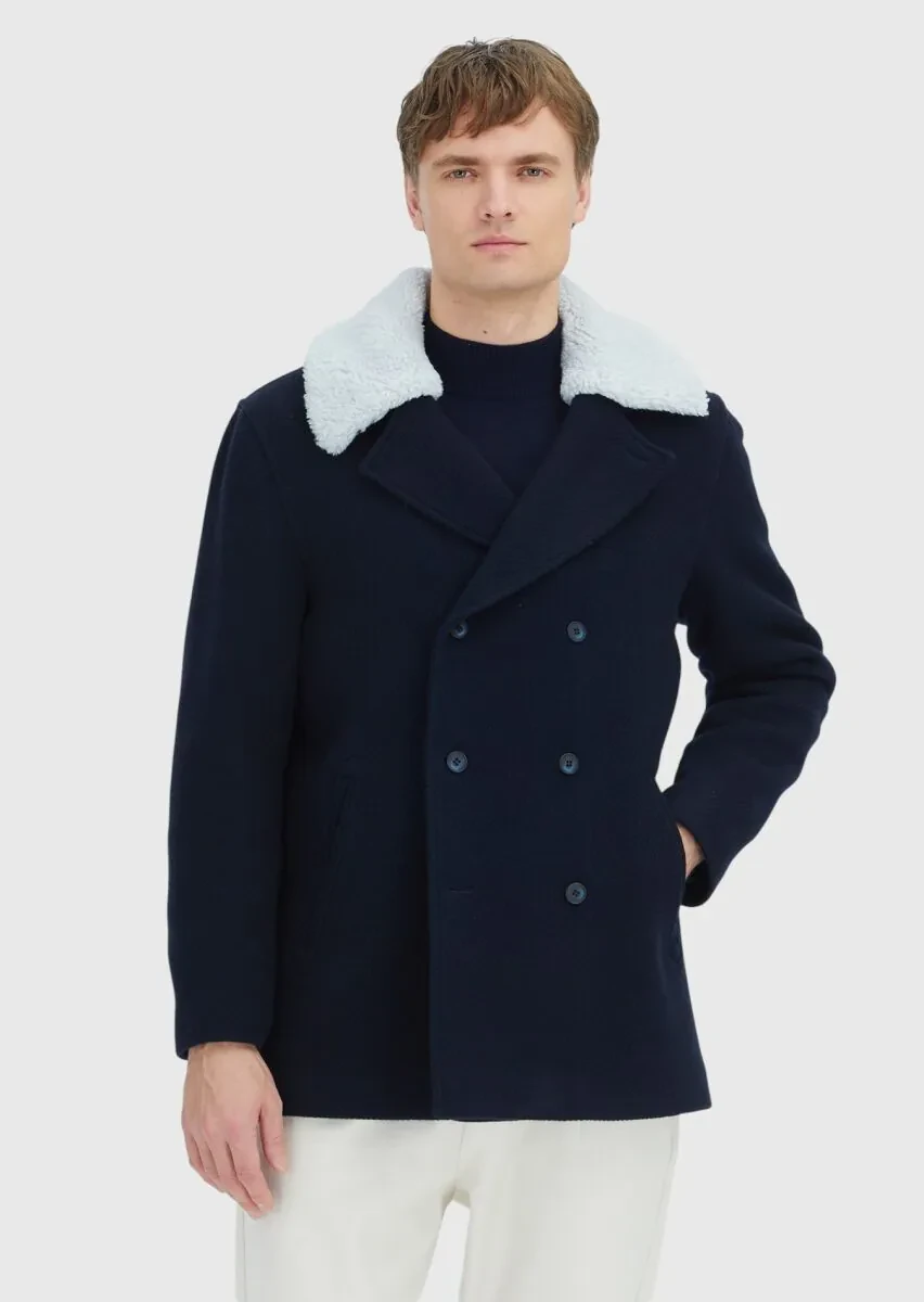 Navy Blue Regular Fit Casual Weaving Coat - 1