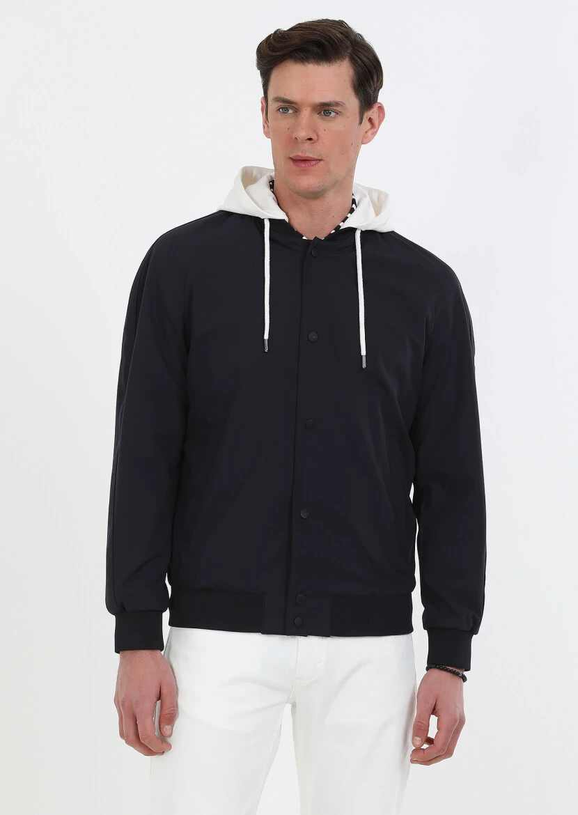 Navy Blue Regular Fit Casual Weaving Removable Hood Coat - 1