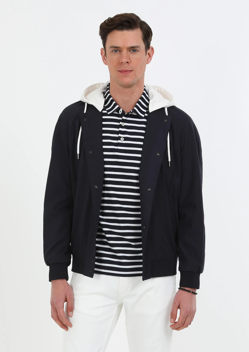 Navy Blue Regular Fit Casual Weaving Removable Hood Coat - 2