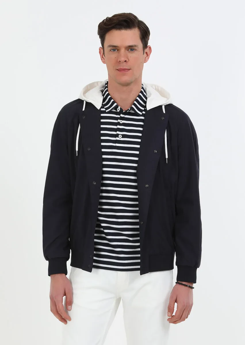 Navy Blue Regular Fit Casual Weaving Removable Hood Coat - 2
