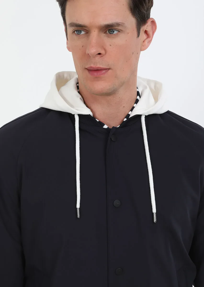 Navy Blue Regular Fit Casual Weaving Removable Hood Coat - 4