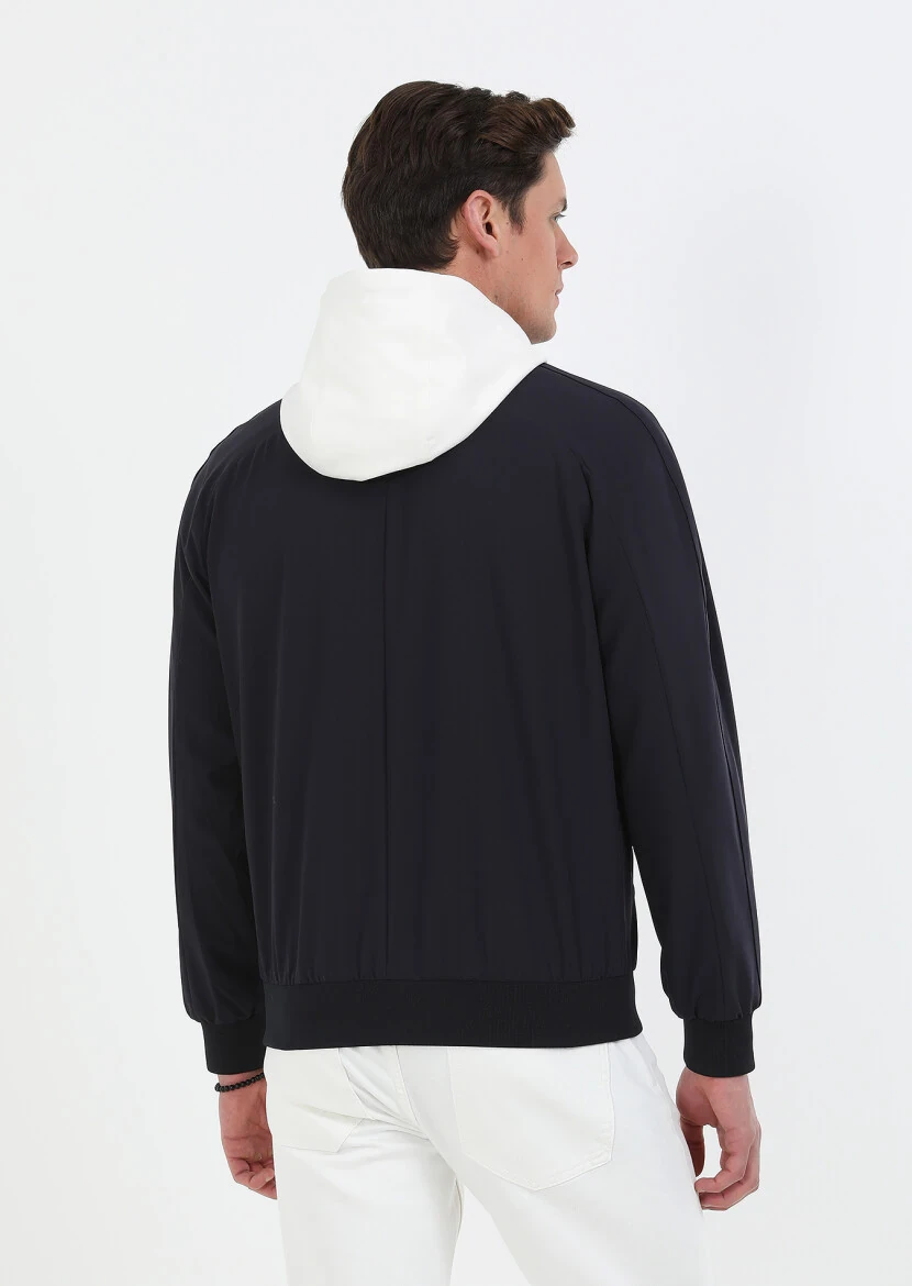 Navy Blue Regular Fit Casual Weaving Removable Hood Coat - 7