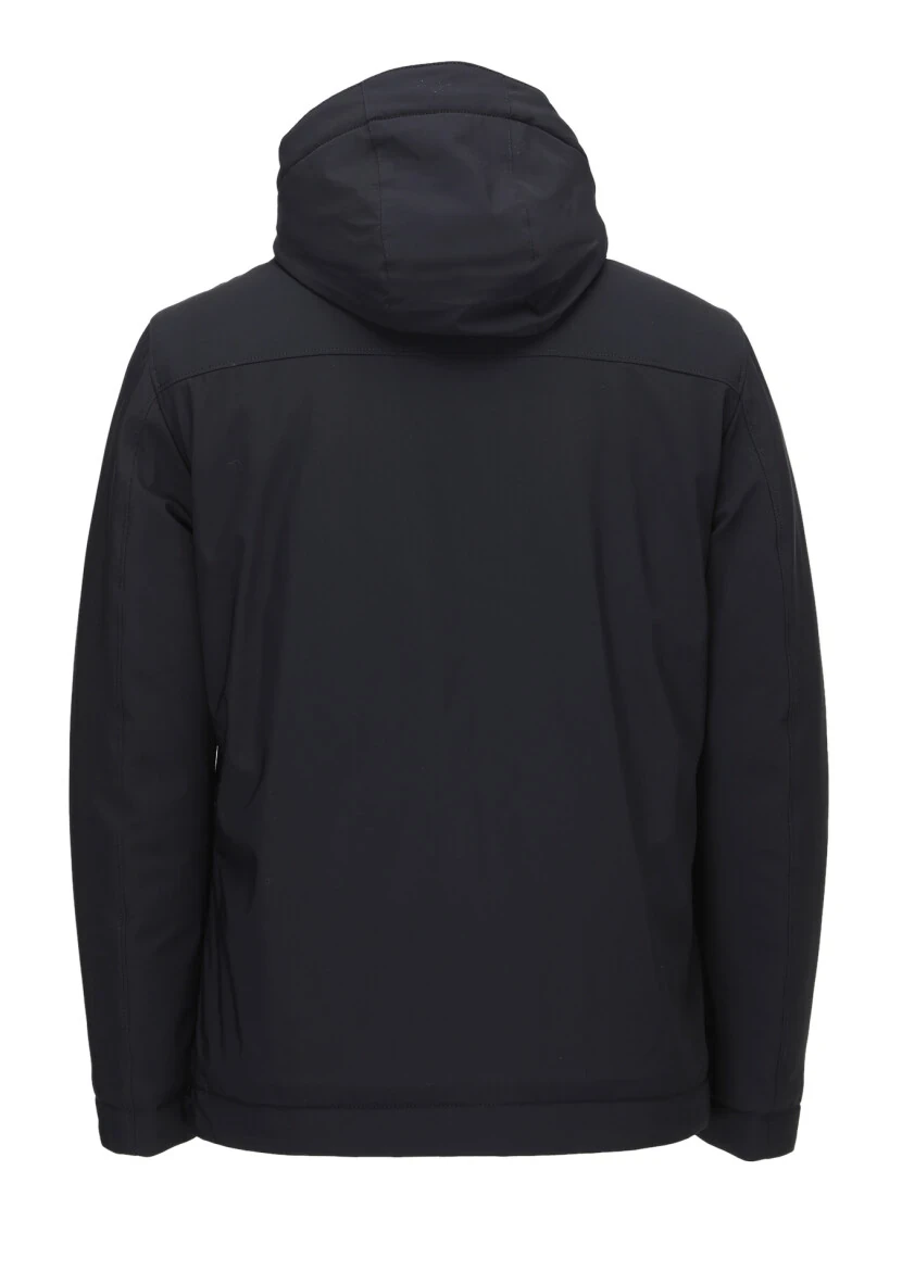 Navy Blue Regular Fit Casual Weaving Removable Hood Coat - 4