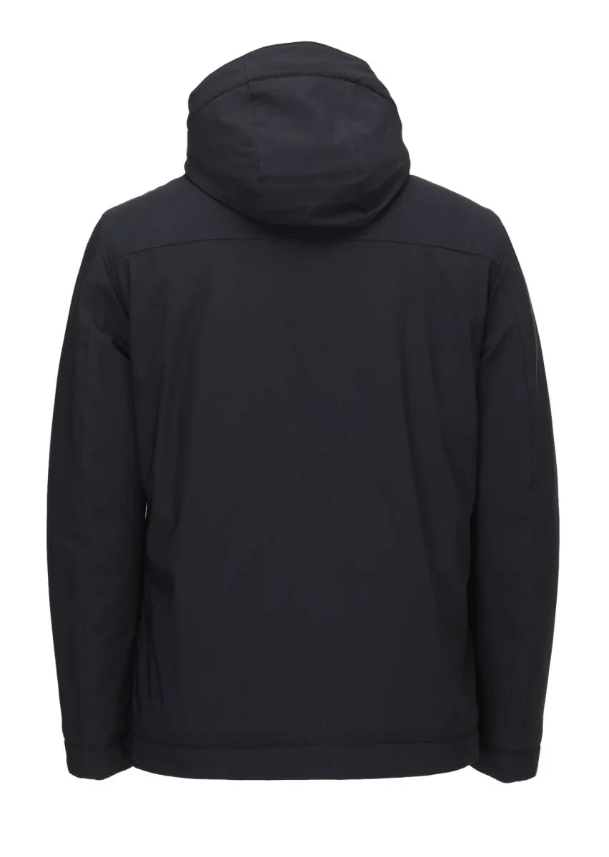 Navy Blue Regular Fit Casual Weaving Removable Hood Coat - 4