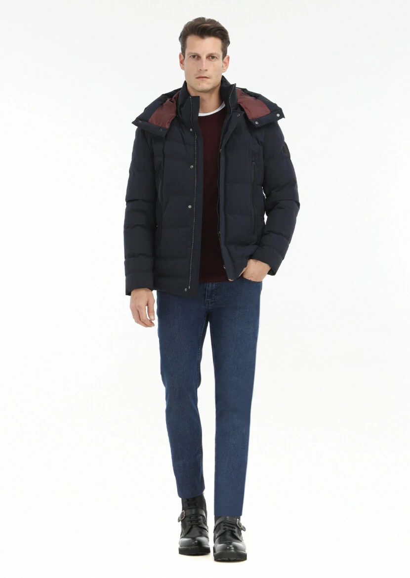 Navy Blue Regular Fit Casual Weaving Removable Hood Coat - 1