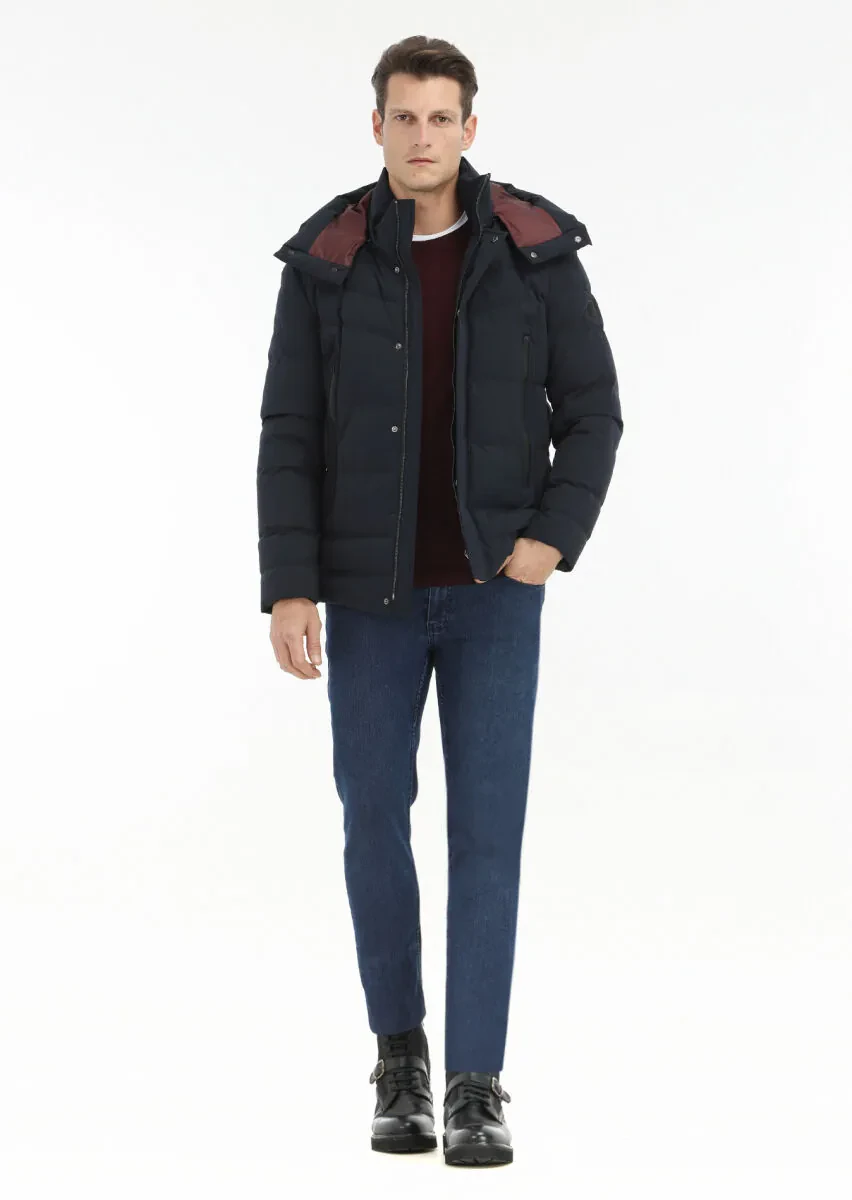 Navy Blue Regular Fit Casual Weaving Removable Hood Coat - 1