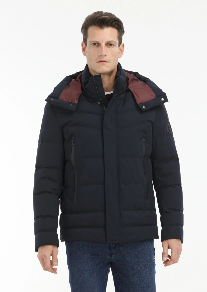 Navy Blue Regular Fit Casual Weaving Removable Hood Coat 