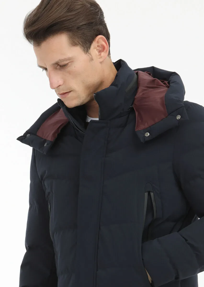 Navy Blue Regular Fit Casual Weaving Removable Hood Coat - 3