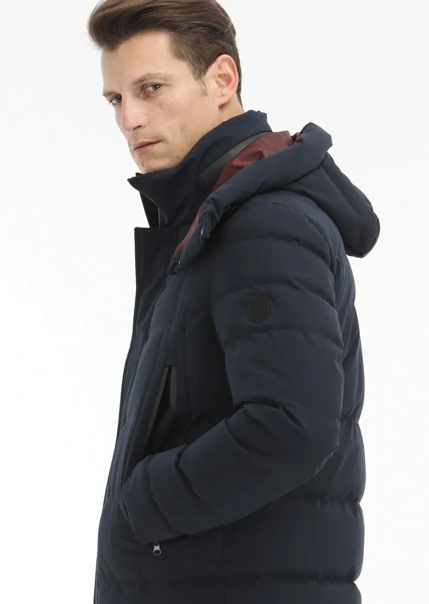Navy Blue Regular Fit Casual Weaving Removable Hood Coat - 4