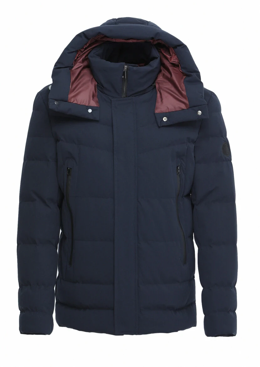 Navy Blue Regular Fit Casual Weaving Removable Hood Coat - 6