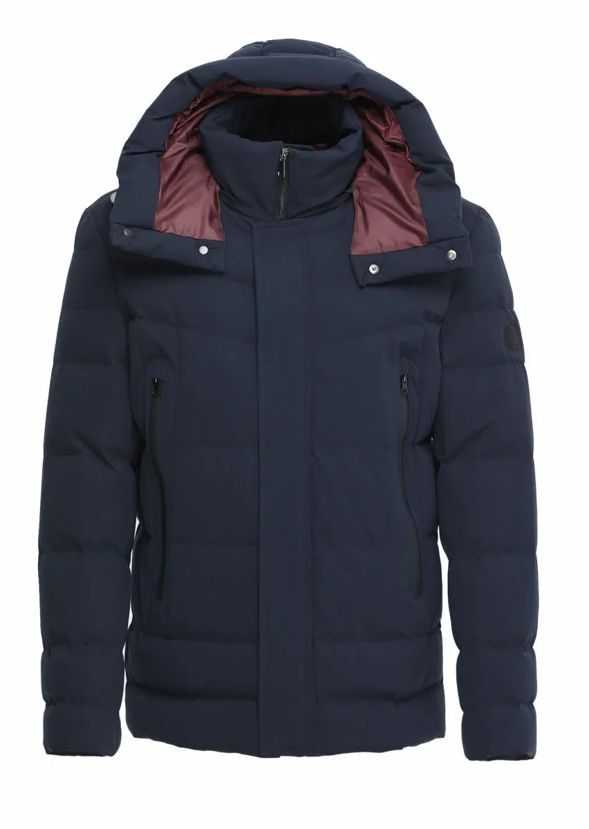 Navy Blue Regular Fit Casual Weaving Removable Hood Coat - 6