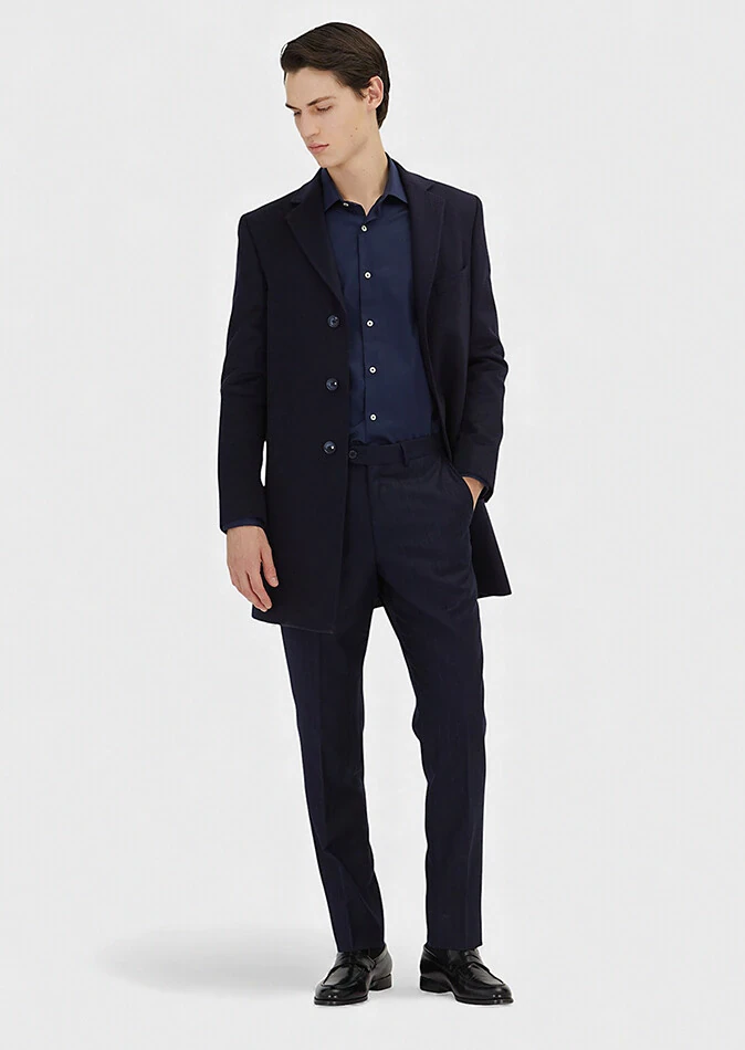 Navy Blue Regular Fit Classical Weaving Overcoat - RAMSEY