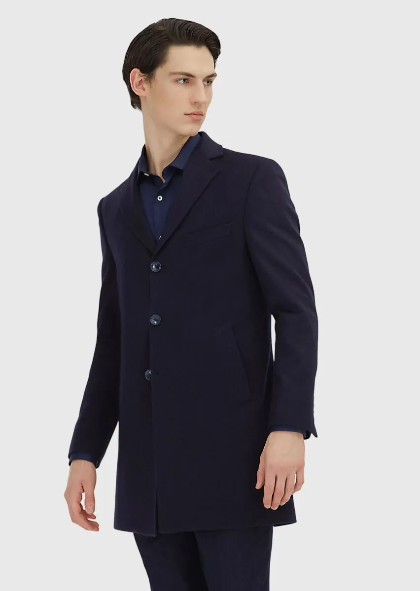 Navy Blue Regular Fit Classical Weaving Overcoat - 2