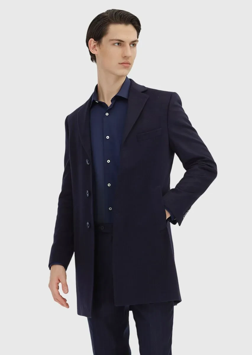 Navy Blue Regular Fit Classical Weaving Overcoat - 4