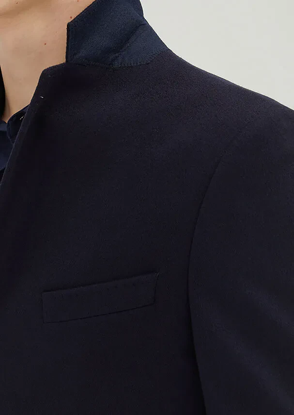 Navy Blue Regular Fit Classical Weaving Overcoat - 5