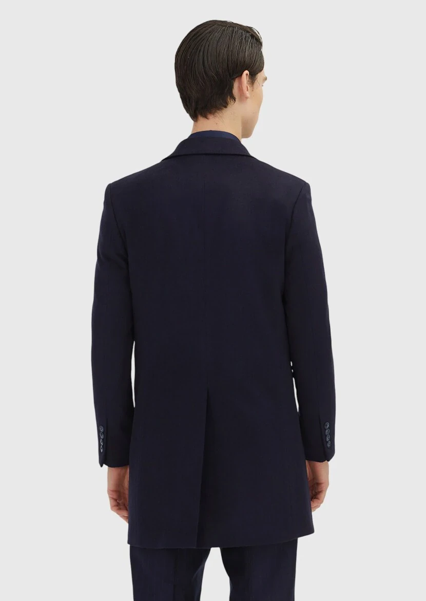Navy Blue Regular Fit Classical Weaving Overcoat - 6