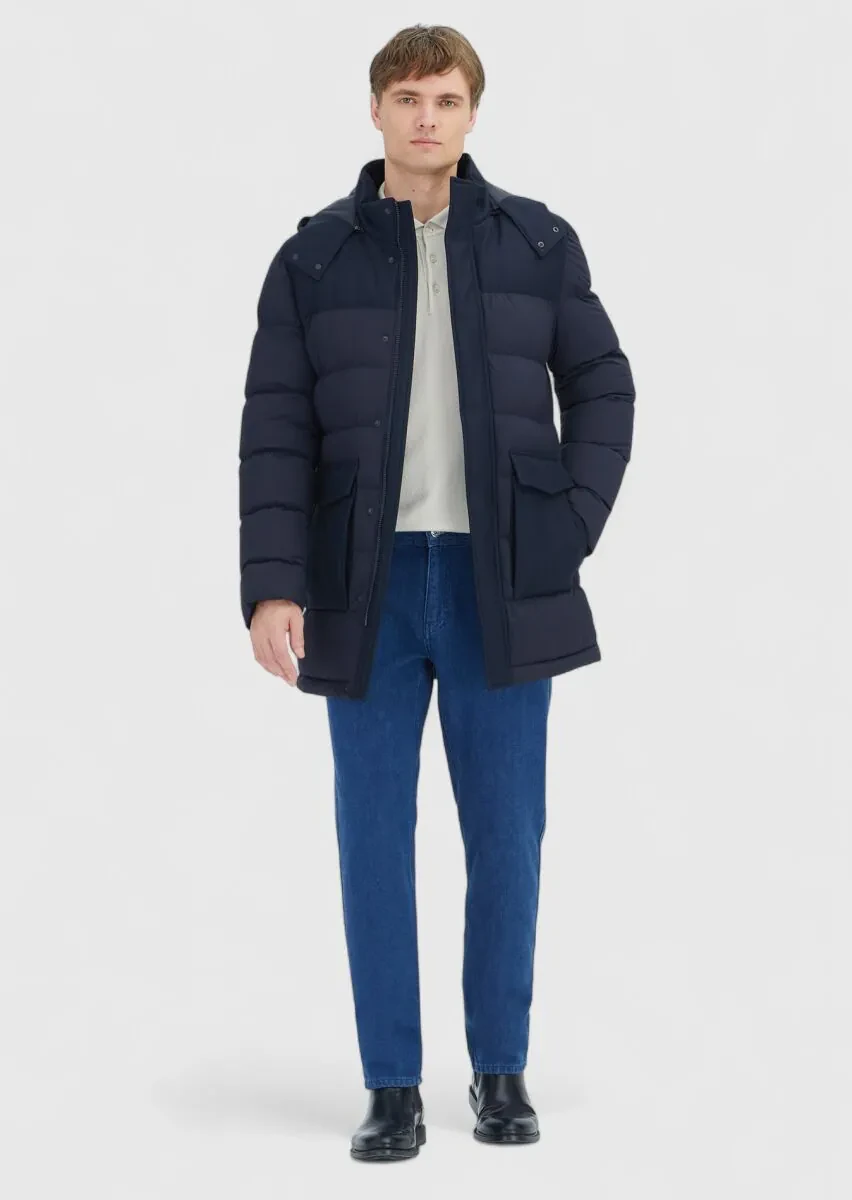 Navy Blue Regular Fit Classical Weaving Removable Hood Coat - 2