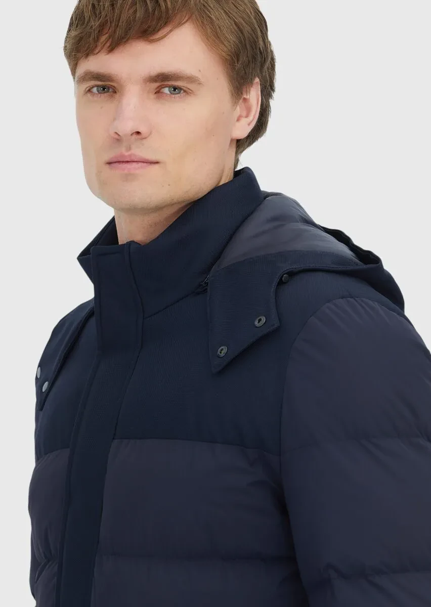 Navy Blue Regular Fit Classical Weaving Removable Hood Coat - 3