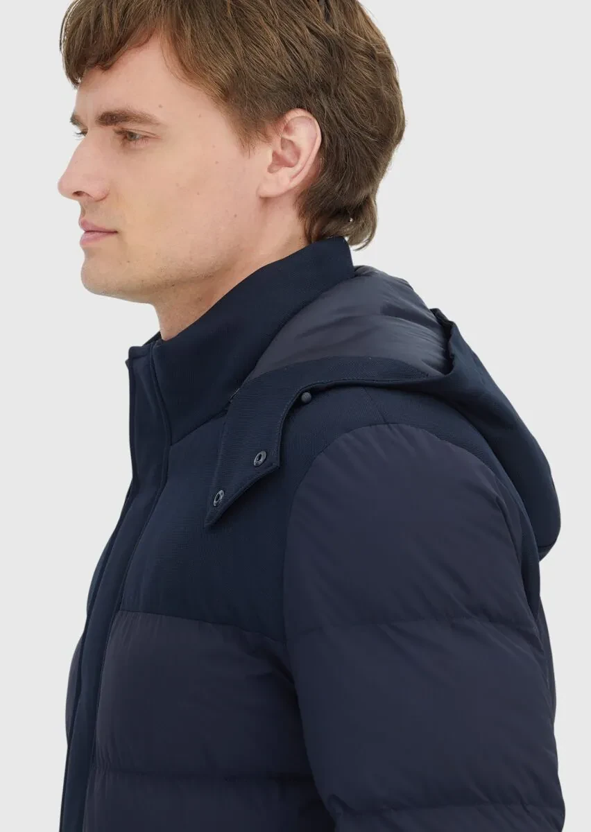 Navy Blue Regular Fit Classical Weaving Removable Hood Coat - 4